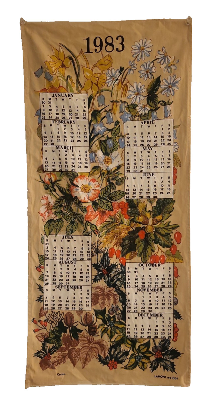 Vintage Lamont Cotton Floral Calendar Towel 1983 Grannycore Cottagecore 13 x 28"